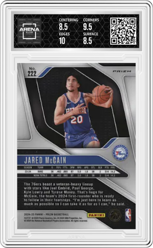 Jared McCain from the 2024-25 Panini Prizm set featuring a Silver Prizm parallel graded by Arena Club and given an overall grade of 9.