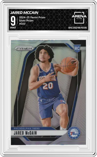 Jared McCain from the 2024-25 Panini Prizm set featuring a Silver Prizm parallel graded by Arena Club and given an overall grade of 9.