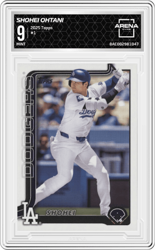 Shohei Ohtani from the 2025 Topps set graded by Arena Club and given an overall grade of 9.