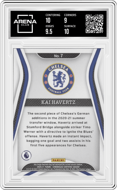 Kai Havertz from the 2020-21 Panini Chronicles set featuring a Bronze parallel graded by Arena Club and given an overall grade of 9.5.