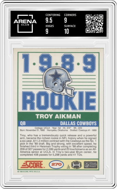 Troy Aikman from the 1989 Score set graded by Arena Club and given an overall grade of 9.5.