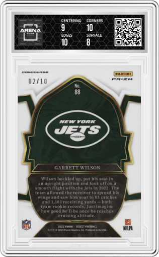 Garrett Wilson from the 2022 Panini Select set featuring a Pink Prizm parallel graded by Arena Club and given an overall grade of 8.5.