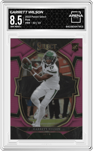 Garrett Wilson from the 2022 Panini Select set featuring a Pink Prizm parallel graded by Arena Club and given an overall grade of 8.5.