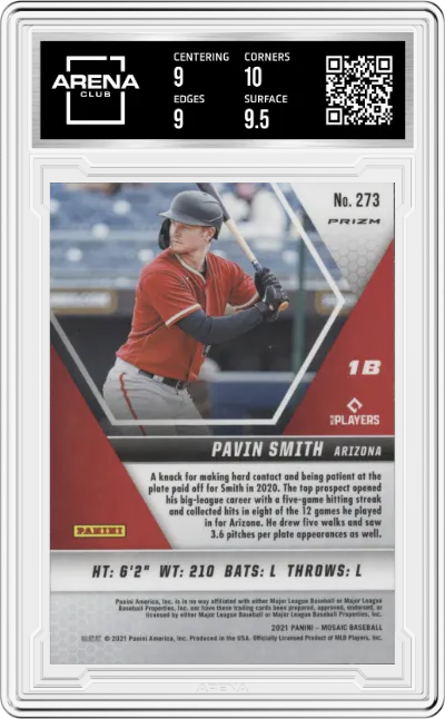 Pavin Smith from the 2021 Panini Mosaic  set featuring a Silver Mosaic parallel graded by Arena Club and given an overall grade of 9.5.