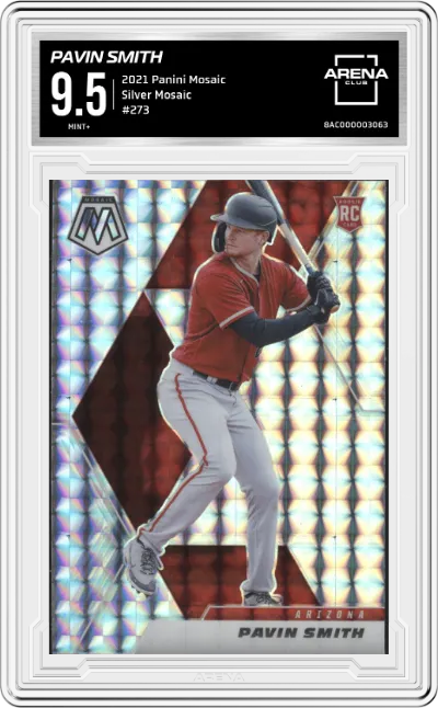 Pavin Smith from the 2021 Panini Mosaic  set featuring a Silver Mosaic parallel graded by Arena Club and given an overall grade of 9.5.