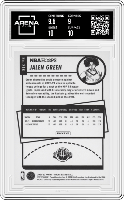 Jalen Green from the 2021-22 Panini NBA Hoops set graded by Arena Club and given an overall grade of 9.5.
