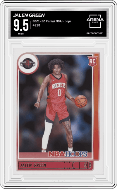 Jalen Green from the 2021-22 Panini NBA Hoops set graded by Arena Club and given an overall grade of 9.5.