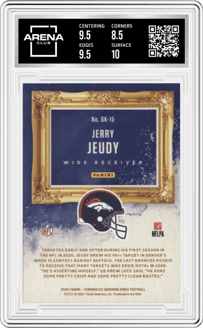 Jerry Jeudy from the 2020 Panini Chronicles set graded by Arena Club and given an overall grade of 9.