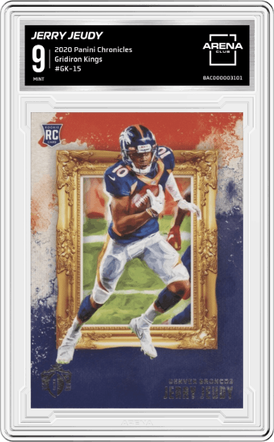 Jerry Jeudy from the 2020 Panini Chronicles set graded by Arena Club and given an overall grade of 9.