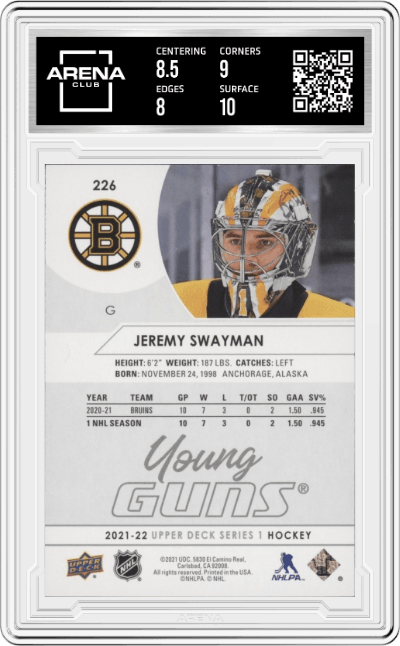 Jeremy Swayman from the 2021-22 Upper Deck Series 1 set graded by Arena Club and given an overall grade of 8.5.
