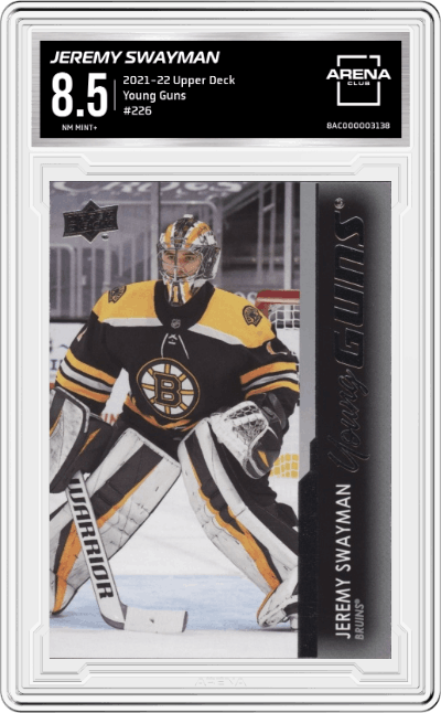 Jeremy Swayman from the 2021-22 Upper Deck Series 1 set graded by Arena Club and given an overall grade of 8.5.