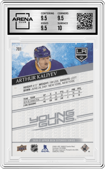 Arthur Kaliyev from the 2020-21 Upper Deck Extended Series  set graded by Arena Club and given an overall grade of 10.