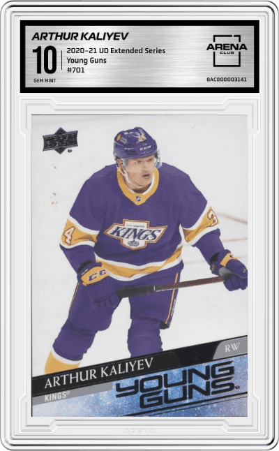 Arthur Kaliyev from the 2020-21 Upper Deck Extended Series  set graded by Arena Club and given an overall grade of 10.