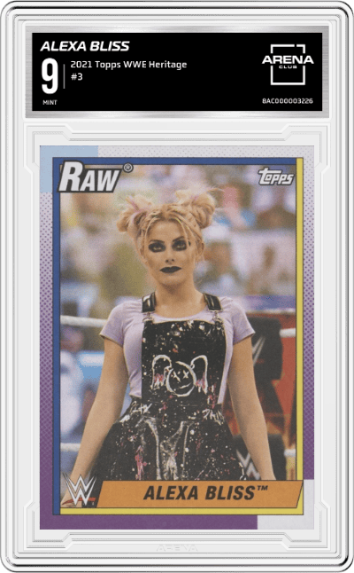 Alexa Bliss from the 2021 Topps WWE Heritage  set graded by Arena Club and given an overall grade of 9.
