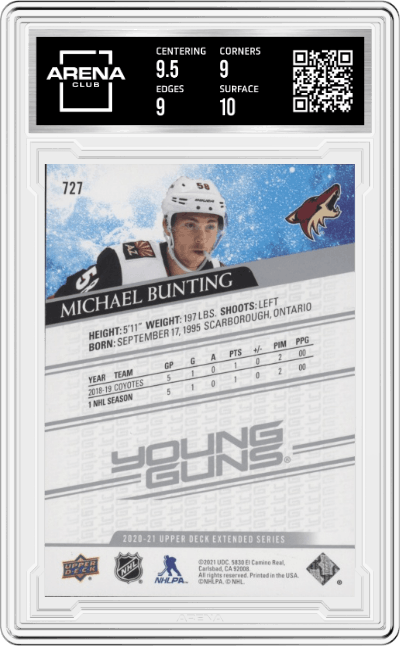 Michael Bunting from the 2020-21 Upper Deck Extended Series  set graded by Arena Club and given an overall grade of 9.5.