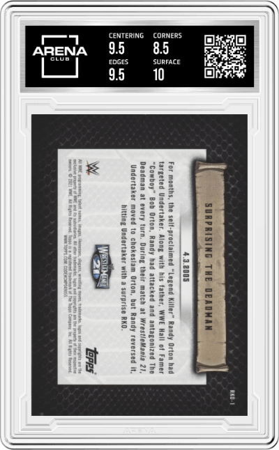 Orton/ Undertaker from the 2021 Topps WWE  set graded by Arena Club and given an overall grade of 9.