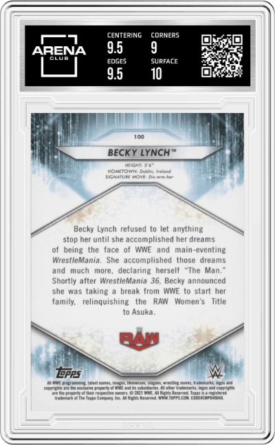 Becky Lynch from the 2021 Topps WWE  set graded by Arena Club and given an overall grade of 9.5.