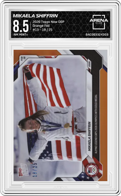 2026 Topps Now Olympic/Paralympic Games Mikaela Shiffrin Orange Foil #13 ARENA CLUB 8.5