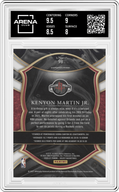 Kenyon Martin Jr. from the 2020-21 Panini Select  set featuring a Blue Retail parallel graded by Arena Club and given an overall grade of 8.5.