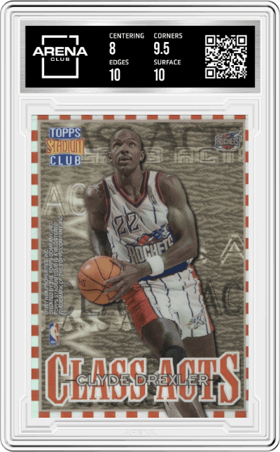 Clyde Drexler /Hakeem Olajuwon from the 1996-97 Topps Stadium Club set featuring a Refractor parallel graded by Arena Club and given an overall grade of 8.5.