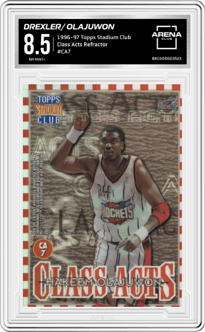 Clyde Drexler /Hakeem Olajuwon from the 1996-97 Topps Stadium Club set featuring a Refractor parallel graded by Arena Club and given an overall grade of 8.5.
