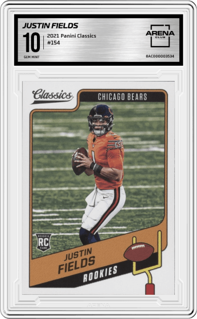 Justin Fields from the 2021 Panini Classics set graded by Arena Club and given an overall grade of 10.