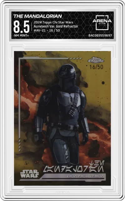 2024 Topps Chrome Star Wars Aurebesh Var. The Mandalorian Gold Refractor ARENA CLUB 8.5