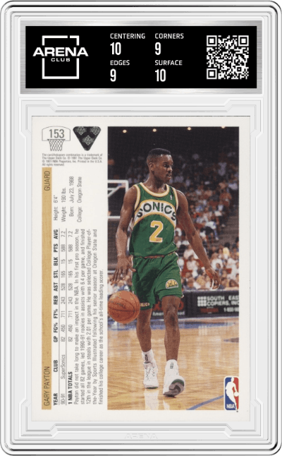 Gary Payton from the 1991-92 Upper Deck set graded by Arena Club and given an overall grade of 9.5.