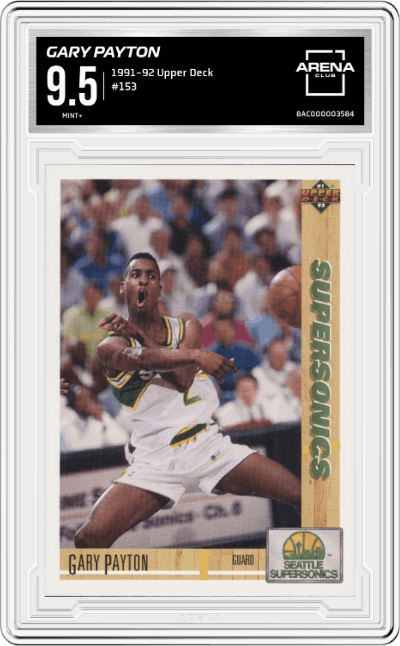 Gary Payton from the 1991-92 Upper Deck set graded by Arena Club and given an overall grade of 9.5.