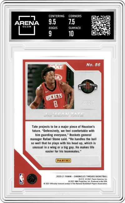 Jae'Sean Tate from the 2020-21 Panini Chronicles set graded by Arena Club and given an overall grade of 8.