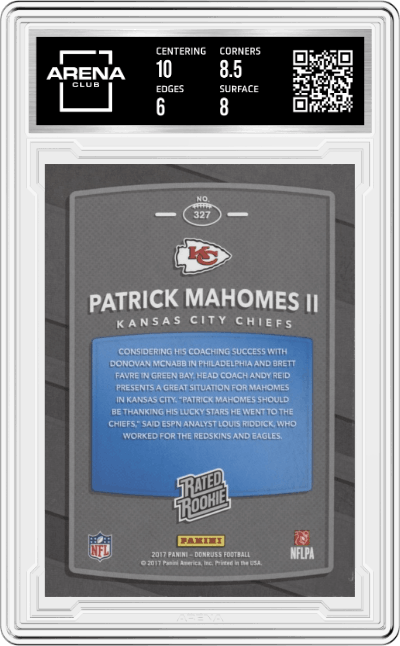 Patrick Mahomes II from the 2017 Panini Donruss Football set graded by Arena Club and given an overall grade of 6.5.