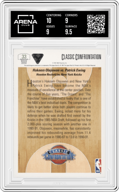 Olajuwon/Ewing from the 1991-92 Upper Deck set graded by Arena Club and given an overall grade of 9.5.
