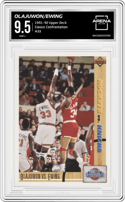 Olajuwon/Ewing from the 1991-92 Upper Deck set graded by Arena Club and given an overall grade of 9.5.