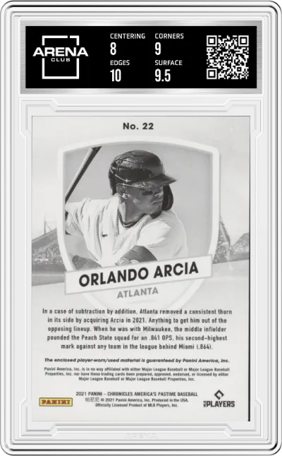 Orlando Arcia from the 2021 Panini Chronicles set graded by Arena Club and given an overall grade of 8.5.