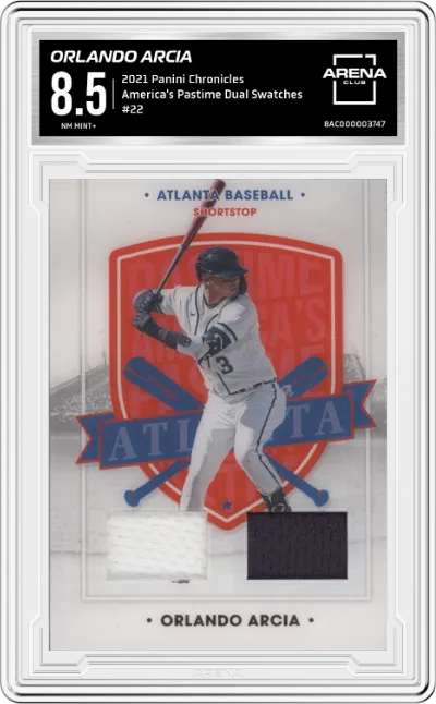 Orlando Arcia from the 2021 Panini Chronicles set graded by Arena Club and given an overall grade of 8.5.
