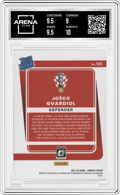 Josko Gvardiol from the 2021-22 Panini Donruss Road to Qatar set graded by Arena Club and given an overall grade of 9.5.