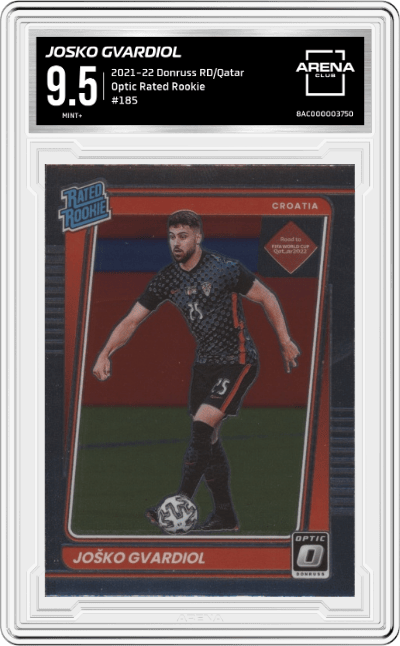 Josko Gvardiol from the 2021-22 Panini Donruss Road to Qatar set graded by Arena Club and given an overall grade of 9.5.