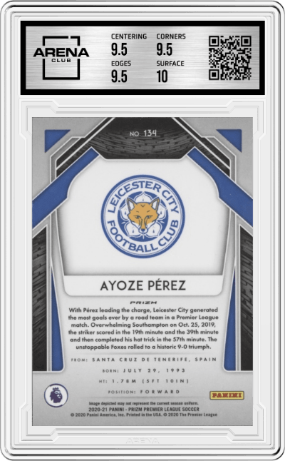 Ayoze Perez from the 2020-21 Panini Prizm Premier League set featuring a Pink Ice Prizm parallel graded by Arena Club and given an overall grade of 10.