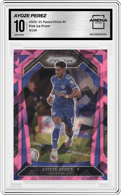 Ayoze Perez from the 2020-21 Panini Prizm Premier League set featuring a Pink Ice Prizm parallel graded by Arena Club and given an overall grade of 10.