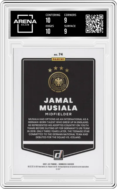 Jamal Musiala from the 2021-22 Panini Donruss Road to Qatar set graded by Arena Club and given an overall grade of 9.5.