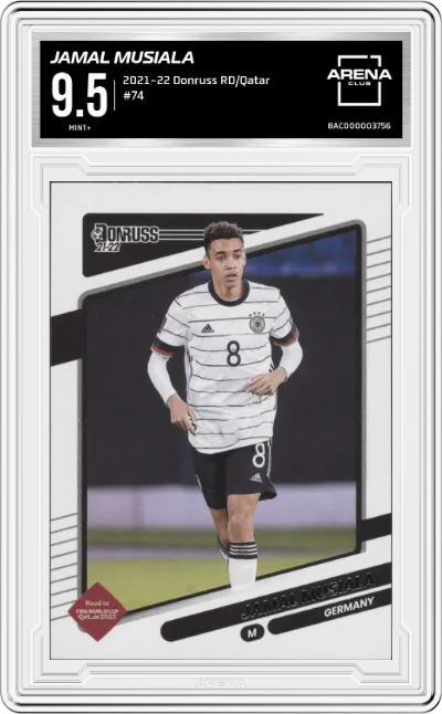 Jamal Musiala from the 2021-22 Panini Donruss Road to Qatar set graded by Arena Club and given an overall grade of 9.5.