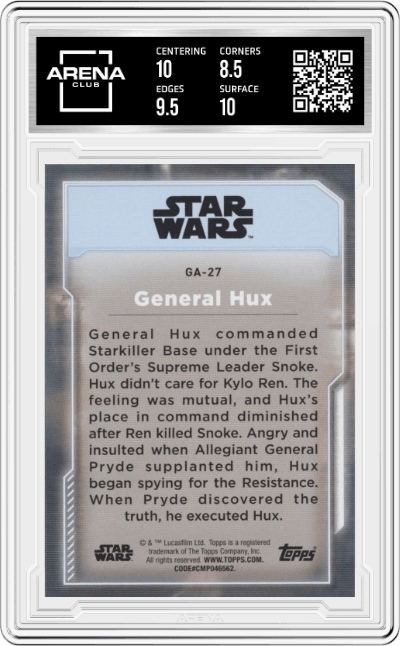 General Hux from the 2021 Topps Star Wars Battle Plans set graded by Arena Club and given an overall grade of 9.