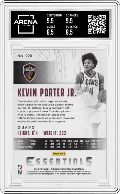 Kevin Porter Jr. from the 2019-20 Panini Chronicles  set graded by Arena Club and given an overall grade of 9.5.