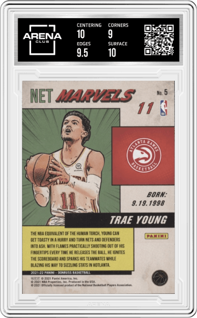 Trae Young from the 2021-22 Panini Donruss set graded by Arena Club and given an overall grade of 9.5.