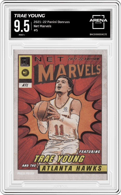 Trae Young from the 2021-22 Panini Donruss set graded by Arena Club and given an overall grade of 9.5.