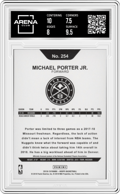 Michael Porter Jr. from the 2018-19 Panini NBA Hoops Basketball set featuring a Blue parallel graded by Arena Club and given an overall grade of 8.
