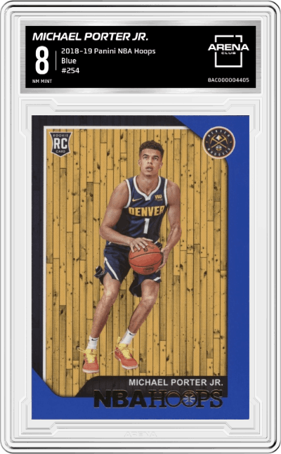 Michael Porter Jr. from the 2018-19 Panini NBA Hoops Basketball set featuring a Blue parallel graded by Arena Club and given an overall grade of 8.