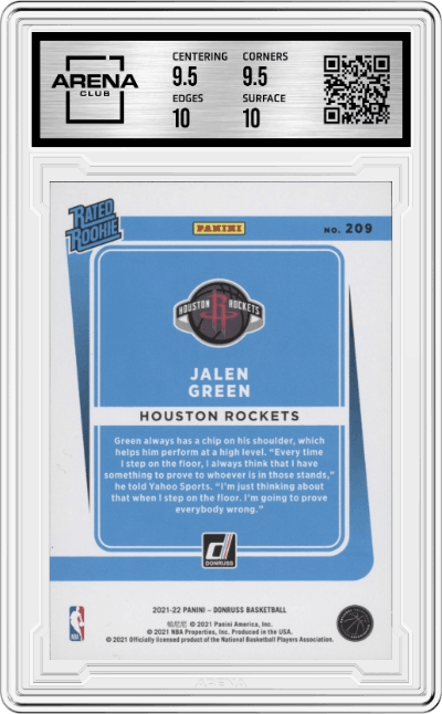 Jalen Green from the 2021-22 Panini Donruss set graded by Arena Club and given an overall grade of 10.