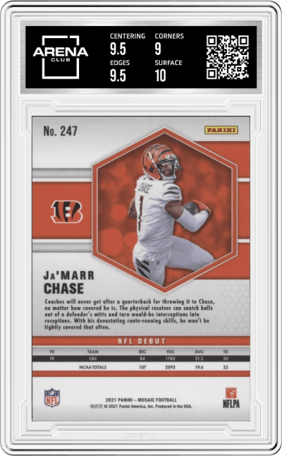 Ja'Marr Chase from the 2021 Panini Mosaic set graded by Arena Club and given an overall grade of 9.5.