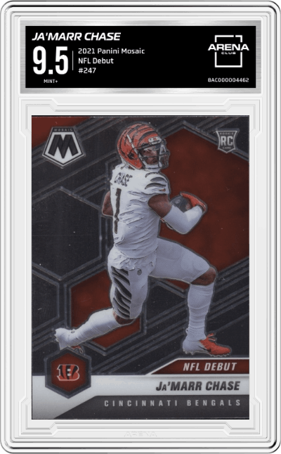 Ja'Marr Chase from the 2021 Panini Mosaic set graded by Arena Club and given an overall grade of 9.5.